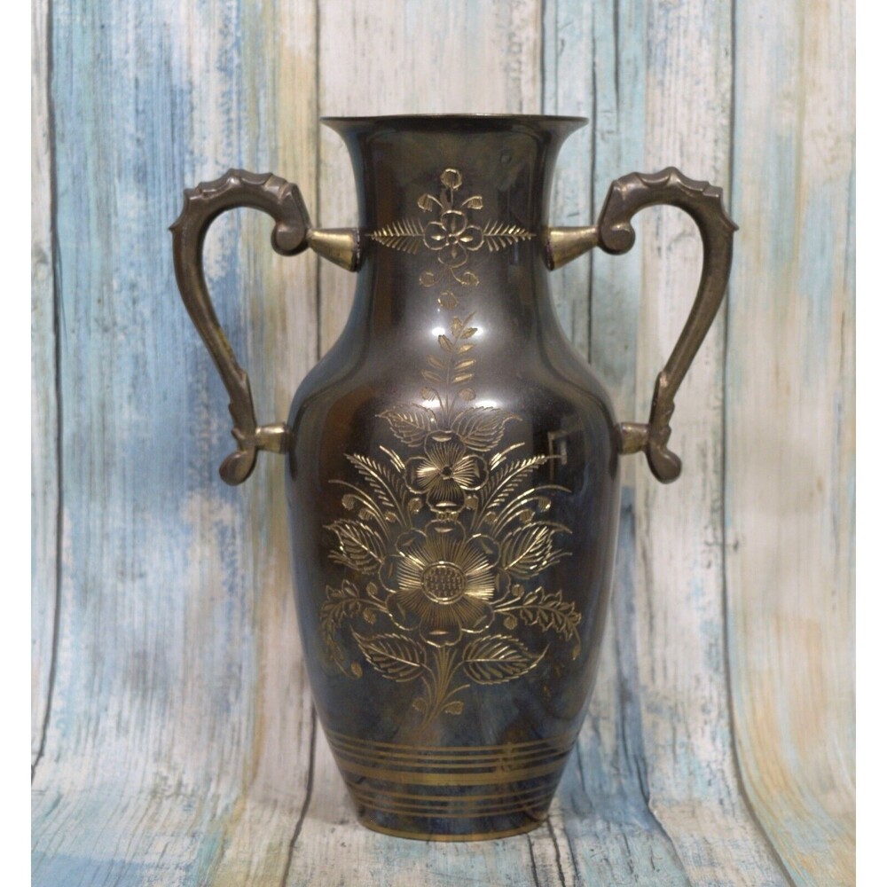 Vintage Etched Indian Brass Floral Vase with Ornate Handles